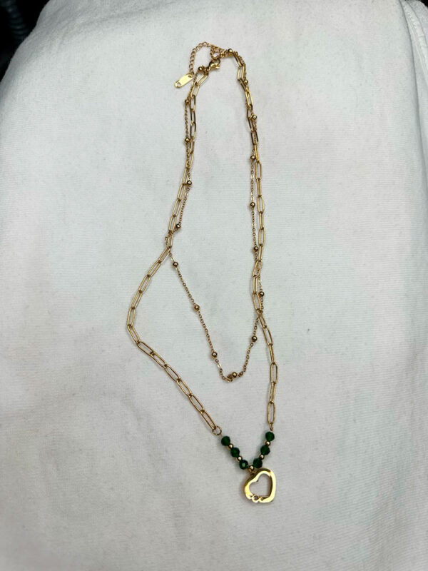 Colgante en Acero con Doble Cadena y Dije de Corazón Dorado